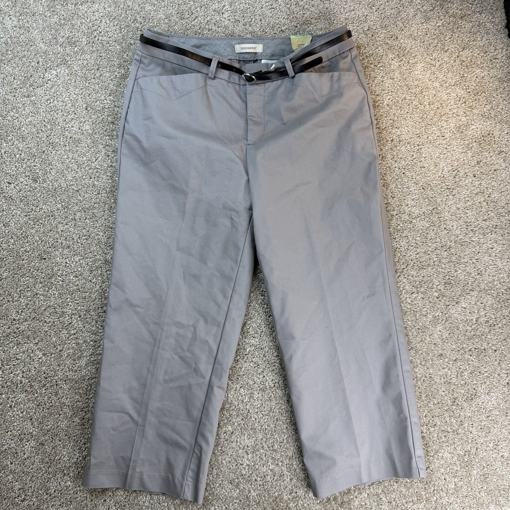 Dockers Pants Womens 8 Gray Twill Chino Straight Leg Belted Stretch Workwear